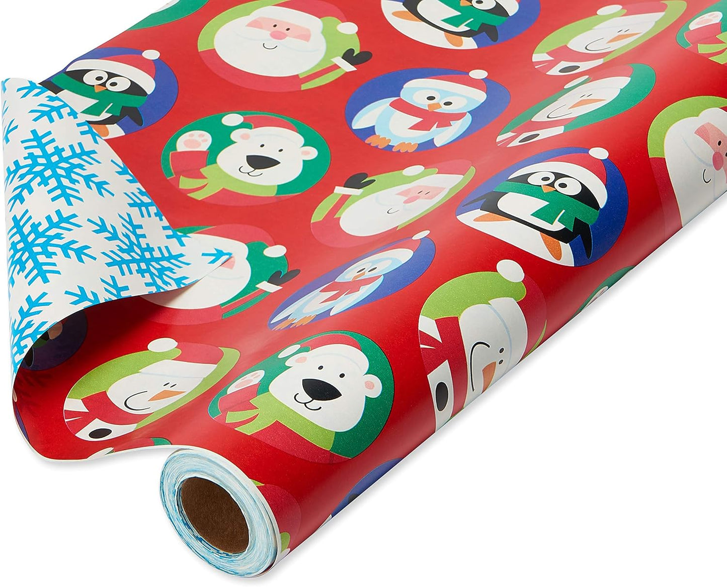 Jumbo Kids Christmas Reversible Wrapping Paper Roll, Red and Blue Holiday Gift Wrap (175 Sq. Ft., 1 Extra Large Roll-30 In. X 70 Ft.) Penguins, Polar Bears, Santa, Snowflakes
