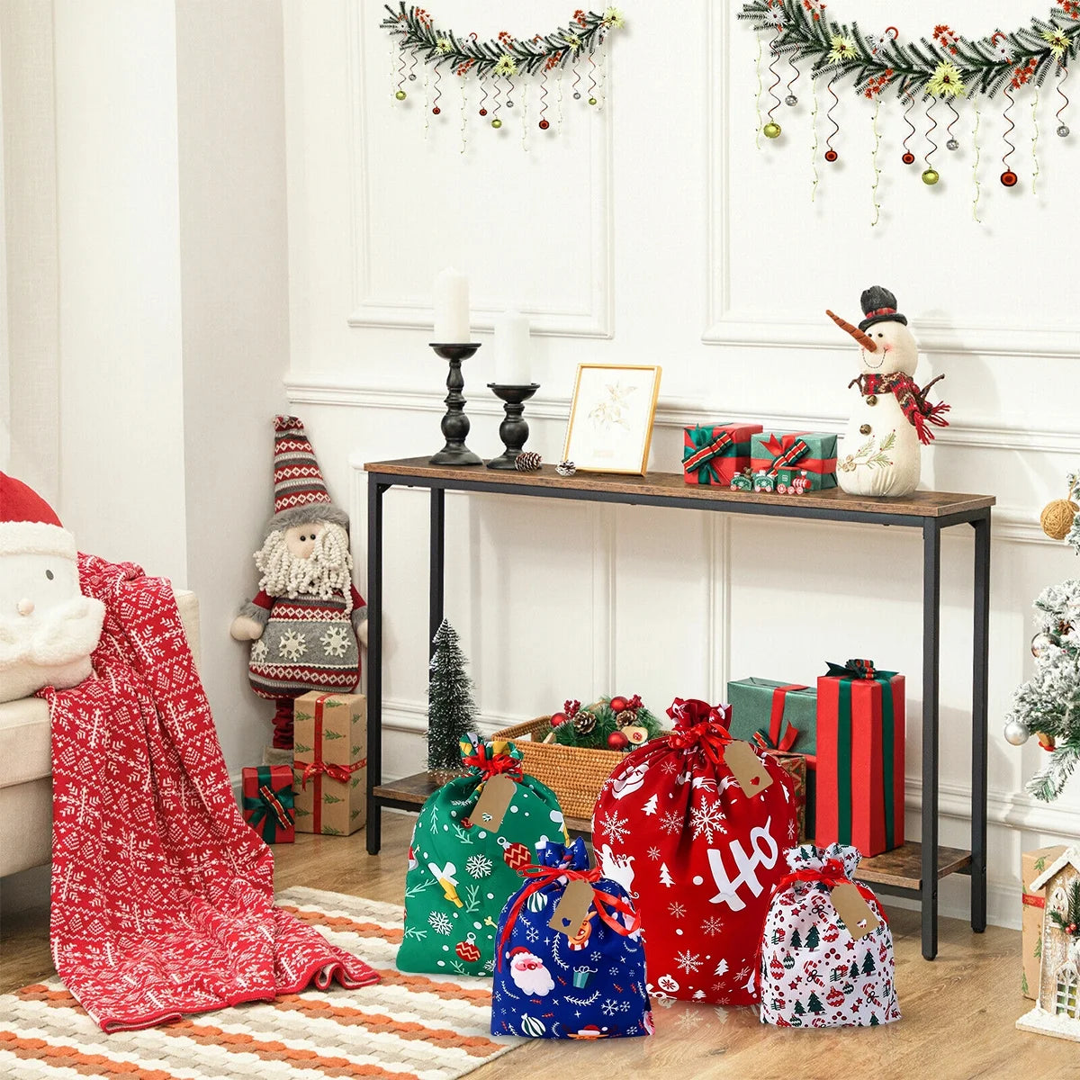 Christmas Gift Bags Christmas Sacks Large Reusable Fabric Drawstring Gift Pouches for Xmas Party Favor 10Pcs