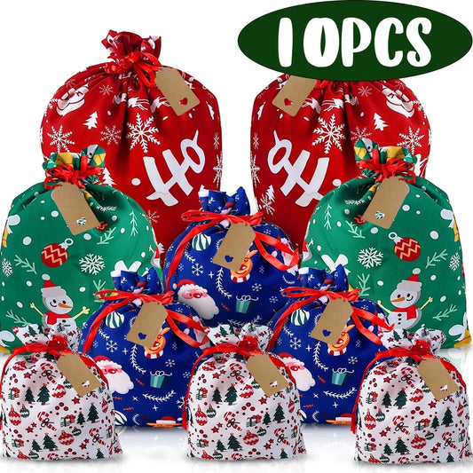Christmas Gift Bags Christmas Sacks Large Reusable Fabric Drawstring Gift Pouches for Xmas Party Favor 10Pcs