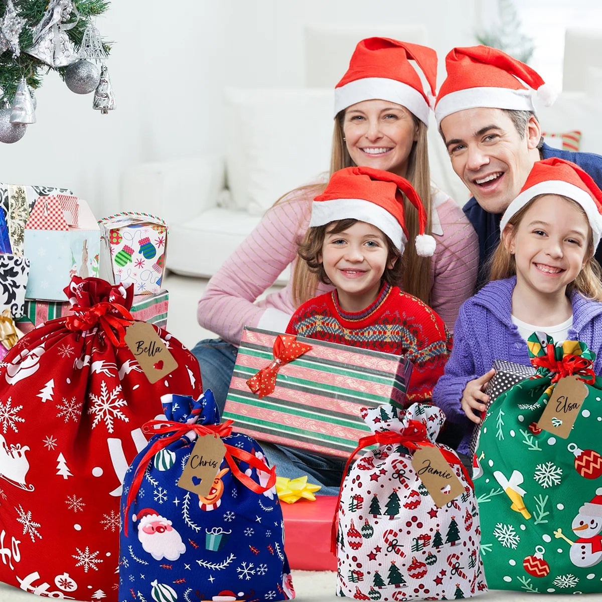 Christmas Gift Bags Christmas Sacks Large Reusable Fabric Drawstring Gift Pouches for Xmas Party Favor 10Pcs