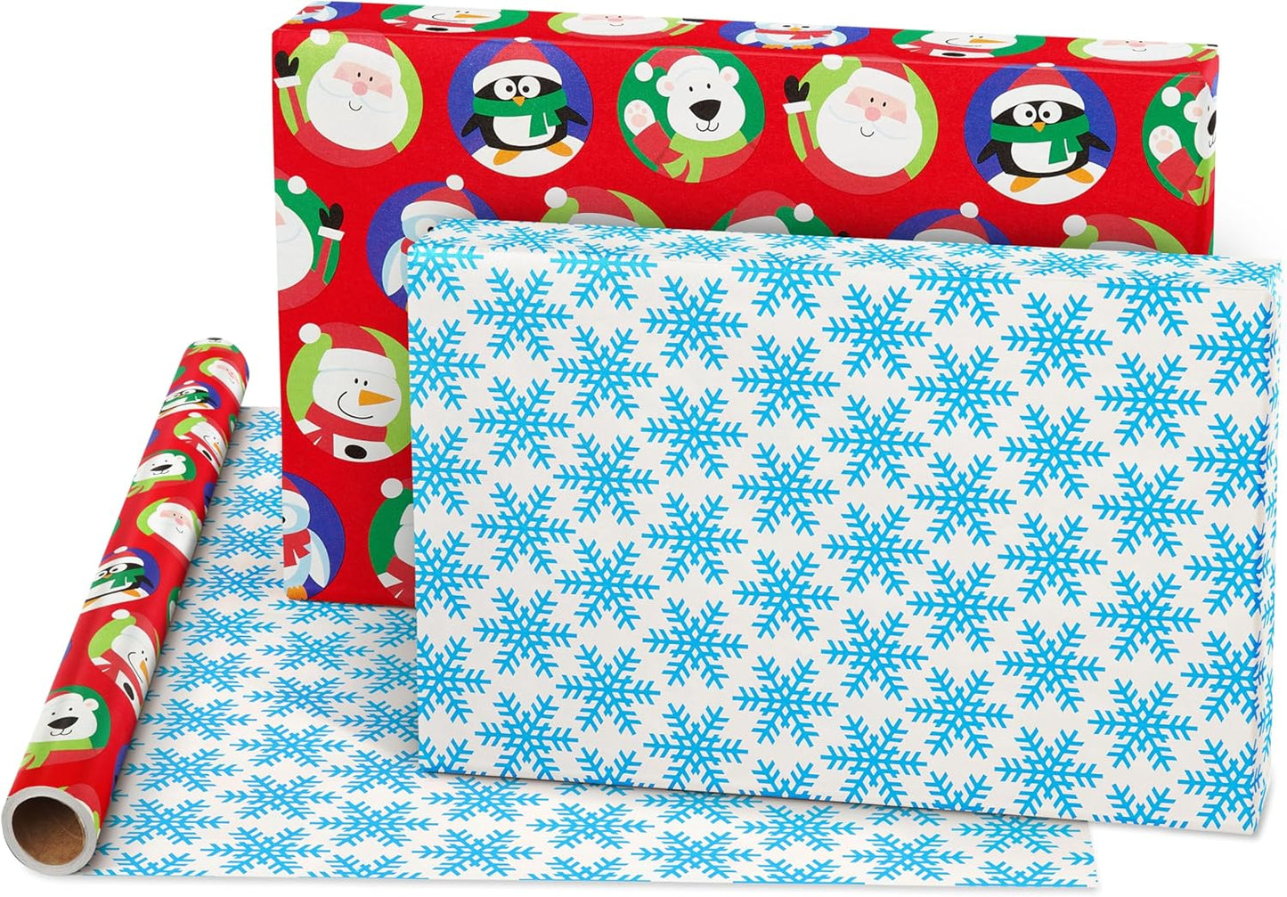 Jumbo Kids Christmas Reversible Wrapping Paper Roll, Red and Blue Holiday Gift Wrap (175 Sq. Ft., 1 Extra Large Roll-30 In. X 70 Ft.) Penguins, Polar Bears, Santa, Snowflakes