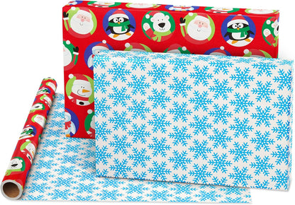 Jumbo Kids Christmas Reversible Wrapping Paper Roll, Red and Blue Holiday Gift Wrap (175 Sq. Ft., 1 Extra Large Roll-30 In. X 70 Ft.) Penguins, Polar Bears, Santa, Snowflakes