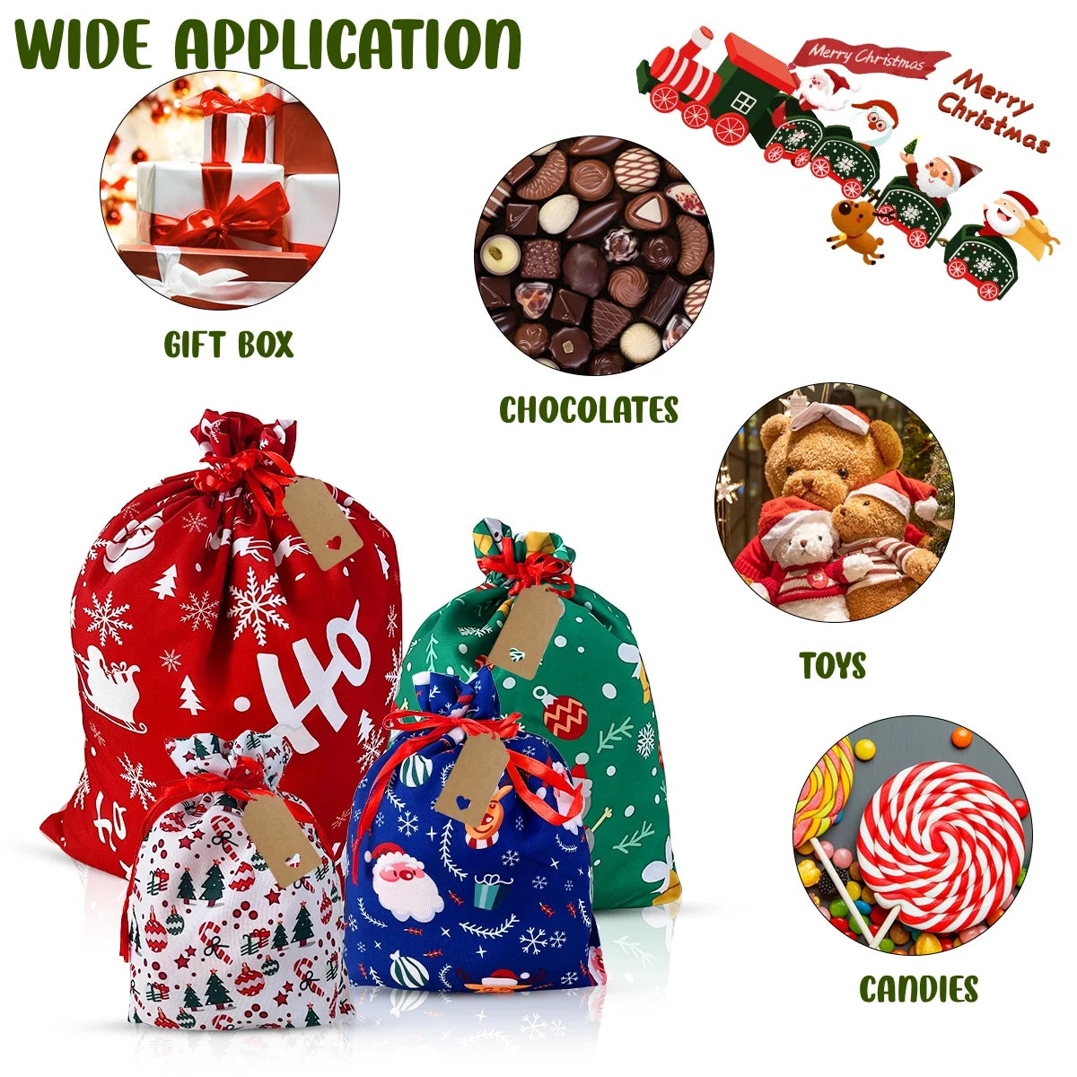 Christmas Gift Bags Christmas Sacks Large Reusable Fabric Drawstring Gift Pouches for Xmas Party Favor 10Pcs