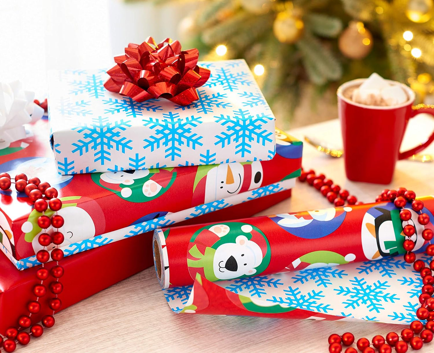 Jumbo Kids Christmas Reversible Wrapping Paper Roll, Red and Blue Holiday Gift Wrap (175 Sq. Ft., 1 Extra Large Roll-30 In. X 70 Ft.) Penguins, Polar Bears, Santa, Snowflakes