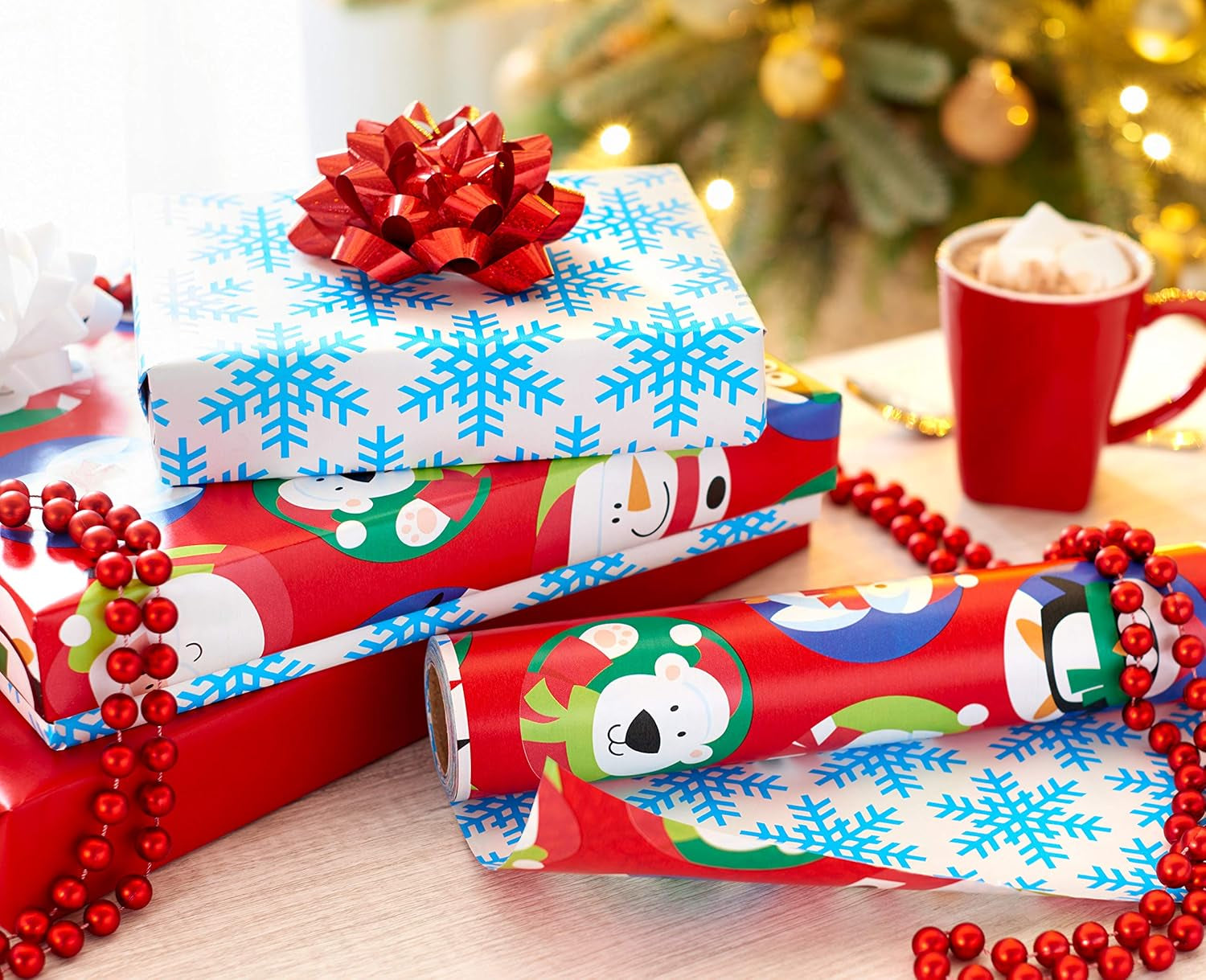 Jumbo Kids Christmas Reversible Wrapping Paper Roll, Red and Blue Holiday Gift Wrap (175 Sq. Ft., 1 Extra Large Roll-30 In. X 70 Ft.) Penguins, Polar Bears, Santa, Snowflakes