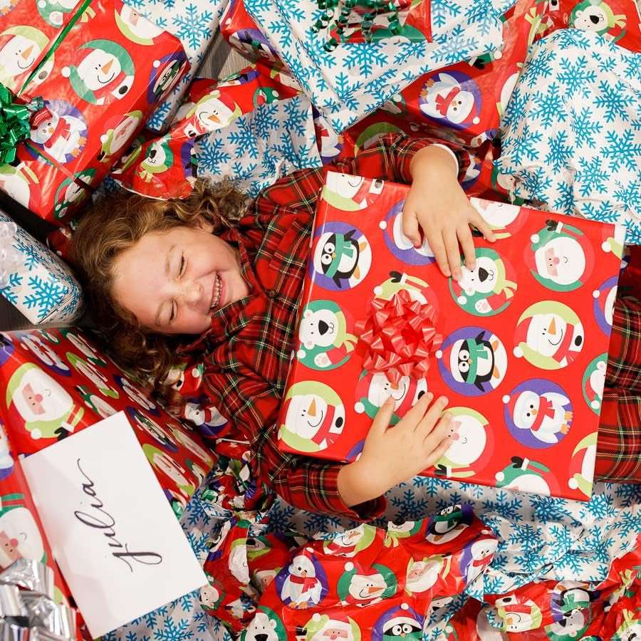 Jumbo Kids Christmas Reversible Wrapping Paper Roll, Red and Blue Holiday Gift Wrap (175 Sq. Ft., 1 Extra Large Roll-30 In. X 70 Ft.) Penguins, Polar Bears, Santa, Snowflakes