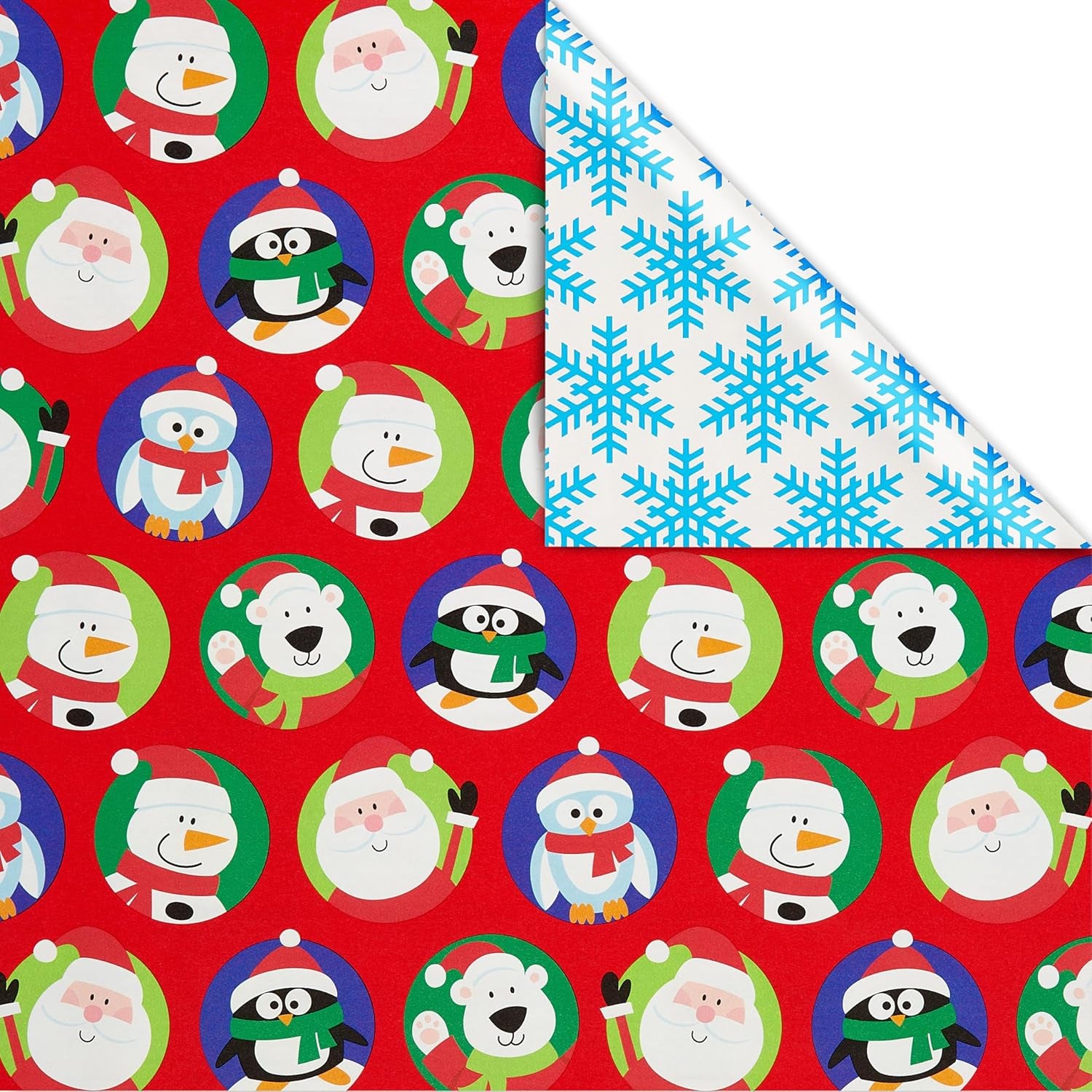 Jumbo Kids Christmas Reversible Wrapping Paper Roll, Red and Blue Holiday Gift Wrap (175 Sq. Ft., 1 Extra Large Roll-30 In. X 70 Ft.) Penguins, Polar Bears, Santa, Snowflakes